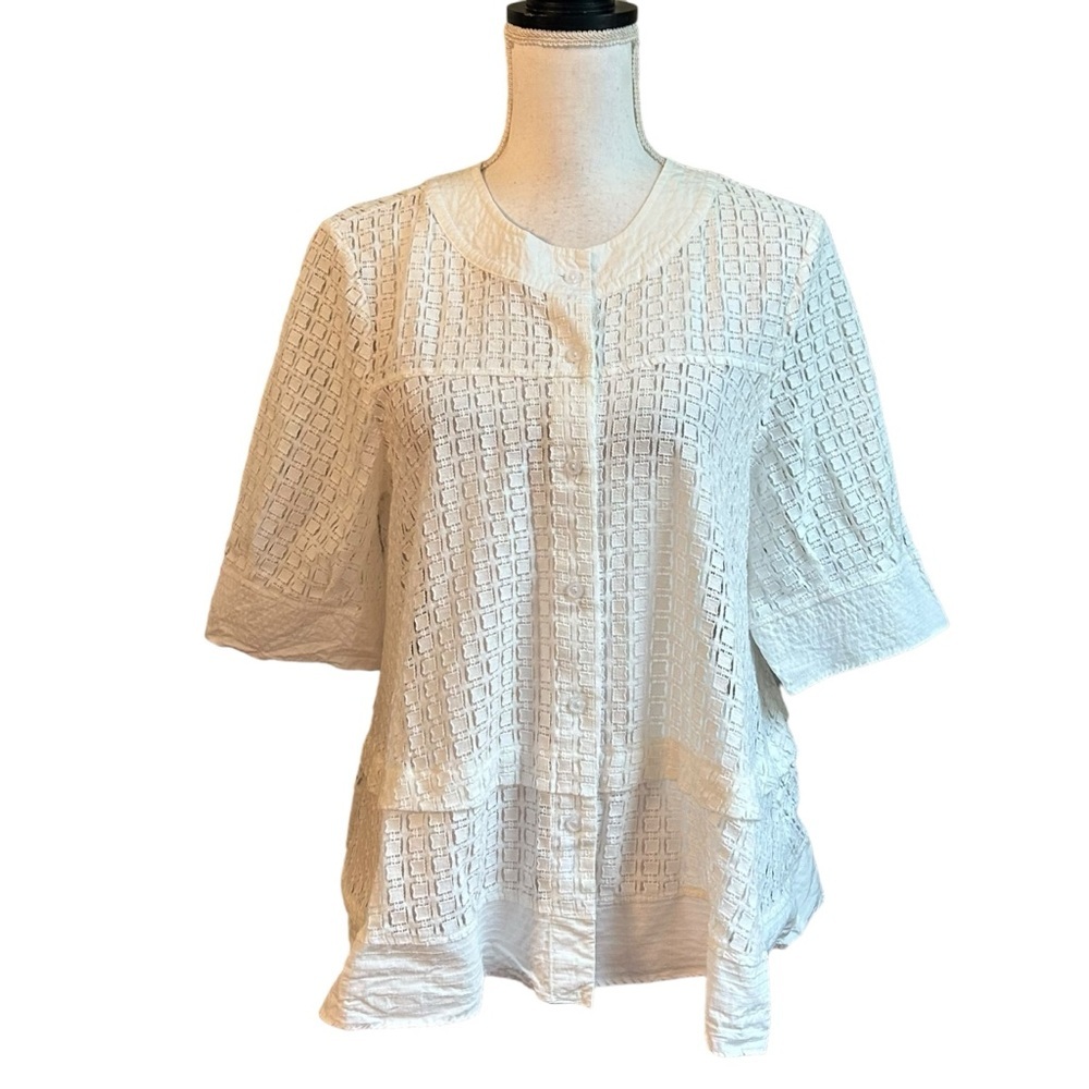 Lumie Button Down Short Sleeve Cotton Blend Top Women‎ Medium White Cottagecore